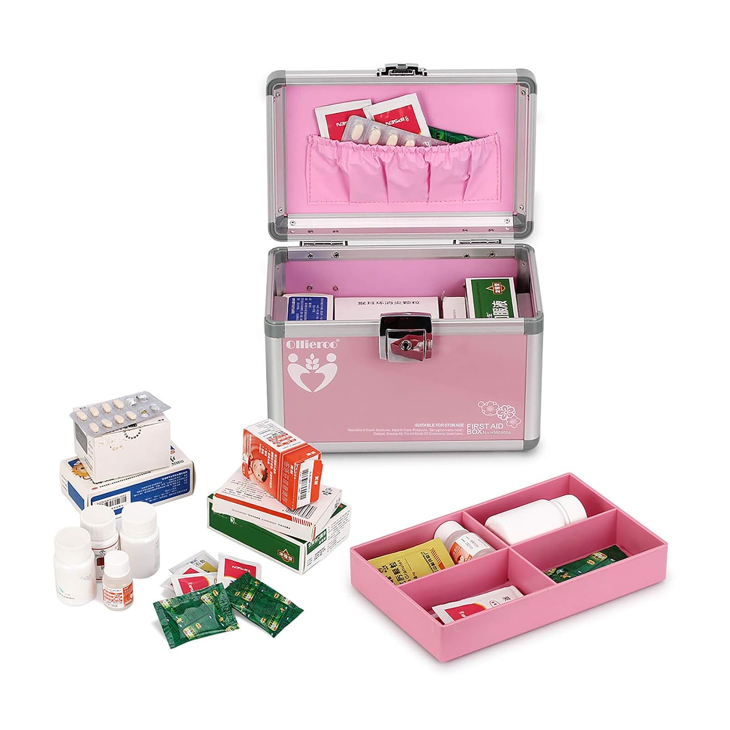 Ollieroo Small Medication Lock Box with Key Lockable Medicine Lock Box Organizer Medication Storage Box Pink First Aid Box for Medical Supplies Removable Compartments