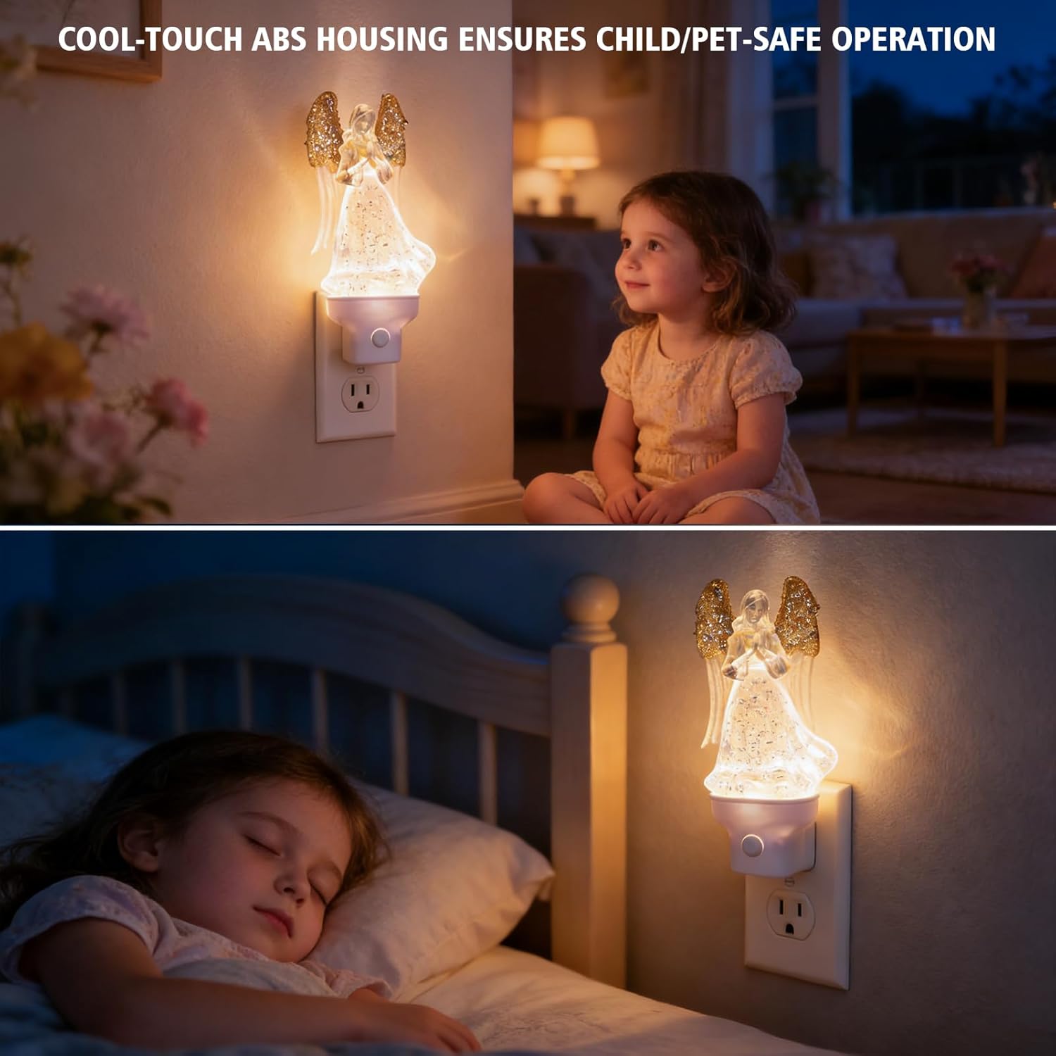 Angel Night Light Plug into Wall with Swirling Glitter, 3000K Warm White LED Nightlight with Extension Cord, Decorative Bedside Night Light for Bedroom, Nursery, Bathroom, Kids Room
