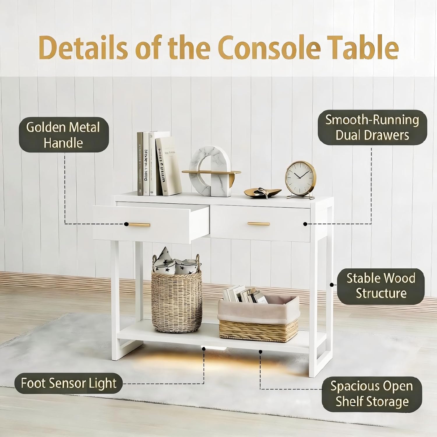 Slim Entryway Console Table with Foot-Sensor Light - 2 Deep Drawers & Open Center Shelf, Reinforced Legs & Comfortable Metal Handles, Multi-Scene Use for Hallway/Living Room/Small Apartment