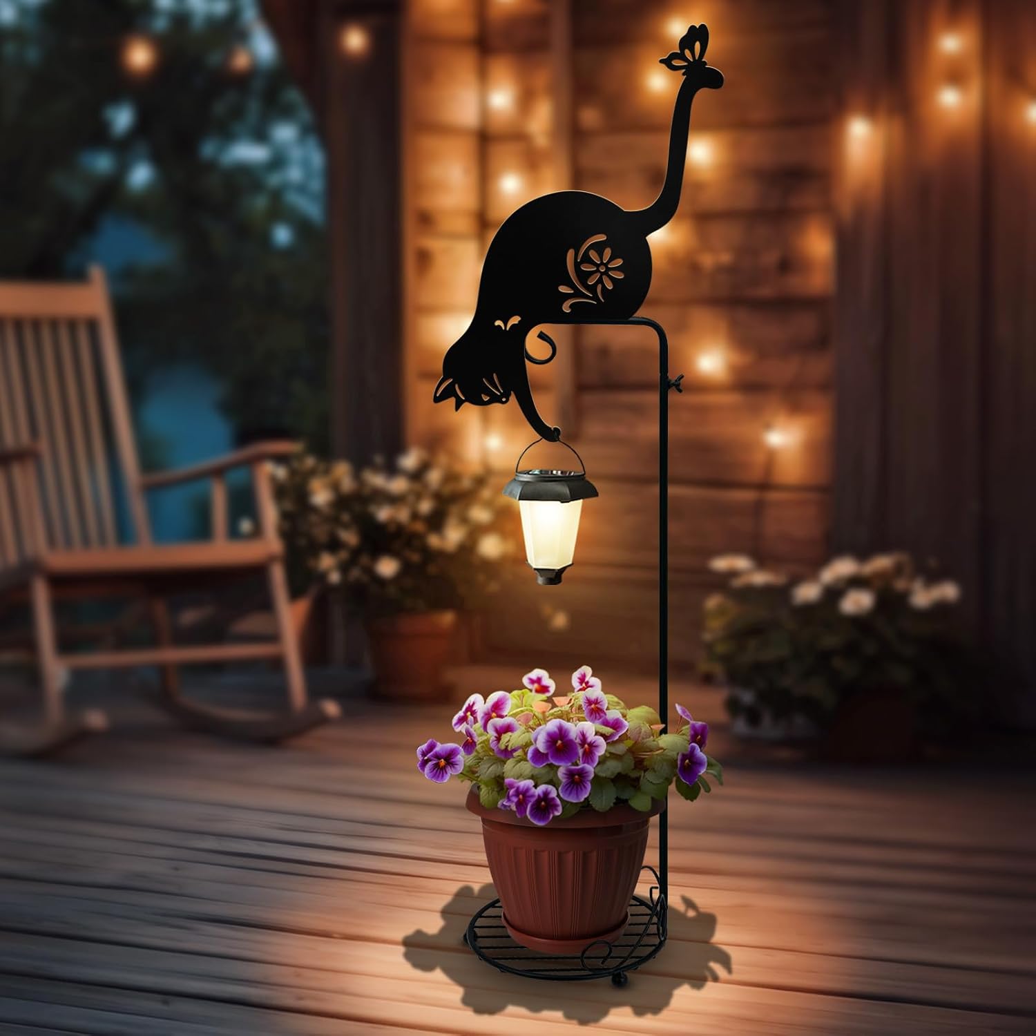 Solar LED Floor Lamp with Plant Stand Outdoor,Metal Black Cat Garden Decorations,Solar Lanterns Outdoor Front Porch Decor for Deck,Patio,Yard