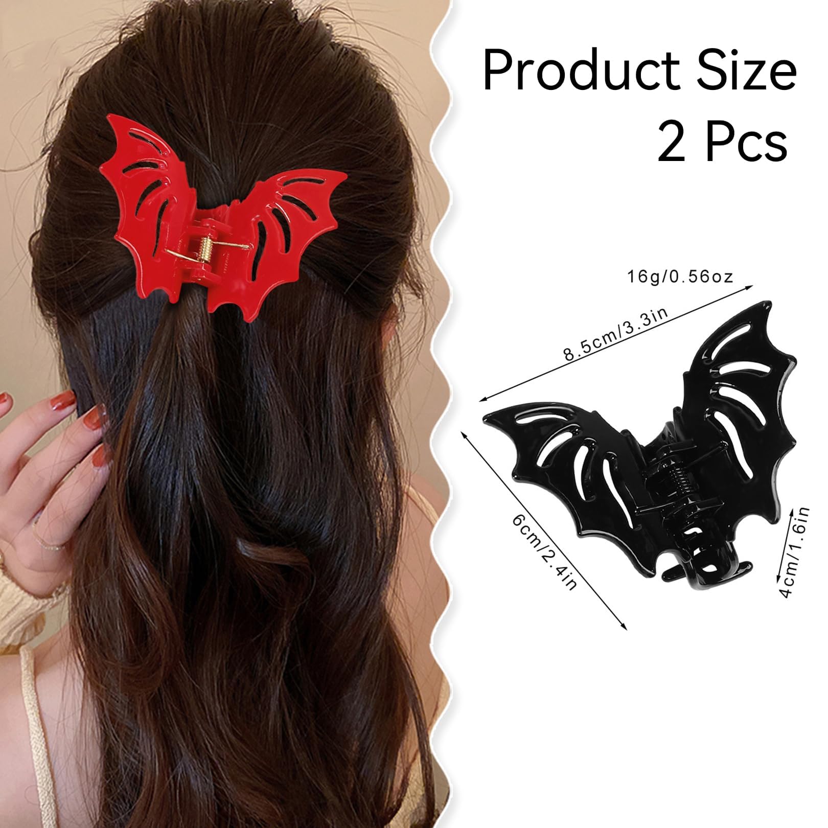 2 Pieces Bat Hair Clips,Gothic Hair Accessories Clip,Plastic Bat Halloween Clips,Bat-Shaped Wing Vlip Accessory,Black/Red Scary Cute Cosplay Hair Accessories,for Women and Girls Hairstyle Decoration - Image 2