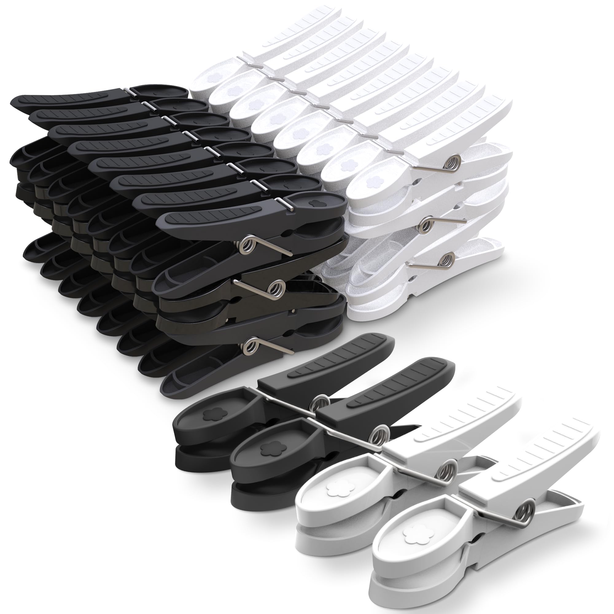 PORTENTUM Clothes Pegs with Non-Slip Rubber, Pack of 48, Black & White. No Marks Left, for Delicate Garments, Weather-Resistant, Long Lifespan, Multipurpose, Eco-Friendly, Size 3.15x1.30x0.59 inches