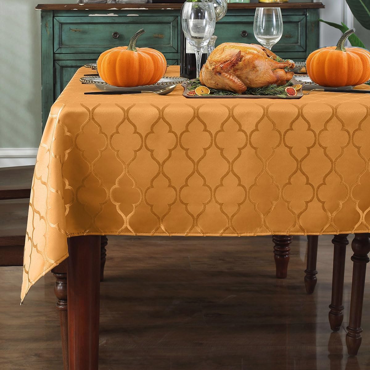 SASTYBALE Jacquard Thanksgiving Tablecloth Flower Pattern Autumn Table Cloth Spill Proof Wrinkle Resistant Table Cover for Harvest & Fall Decor (Rectangle, 52" x 70" (4-6 Seats),Amber)
