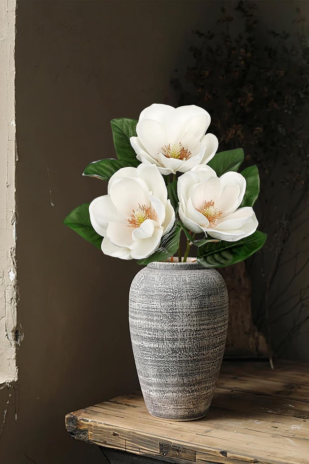 3Pack Artificial Magnolia Flowers, 26 inch Real Touch Realistic White Magnolia Flower Long Stem for Home Office Wedding Floral Arrangement Table Centerpiece Decor