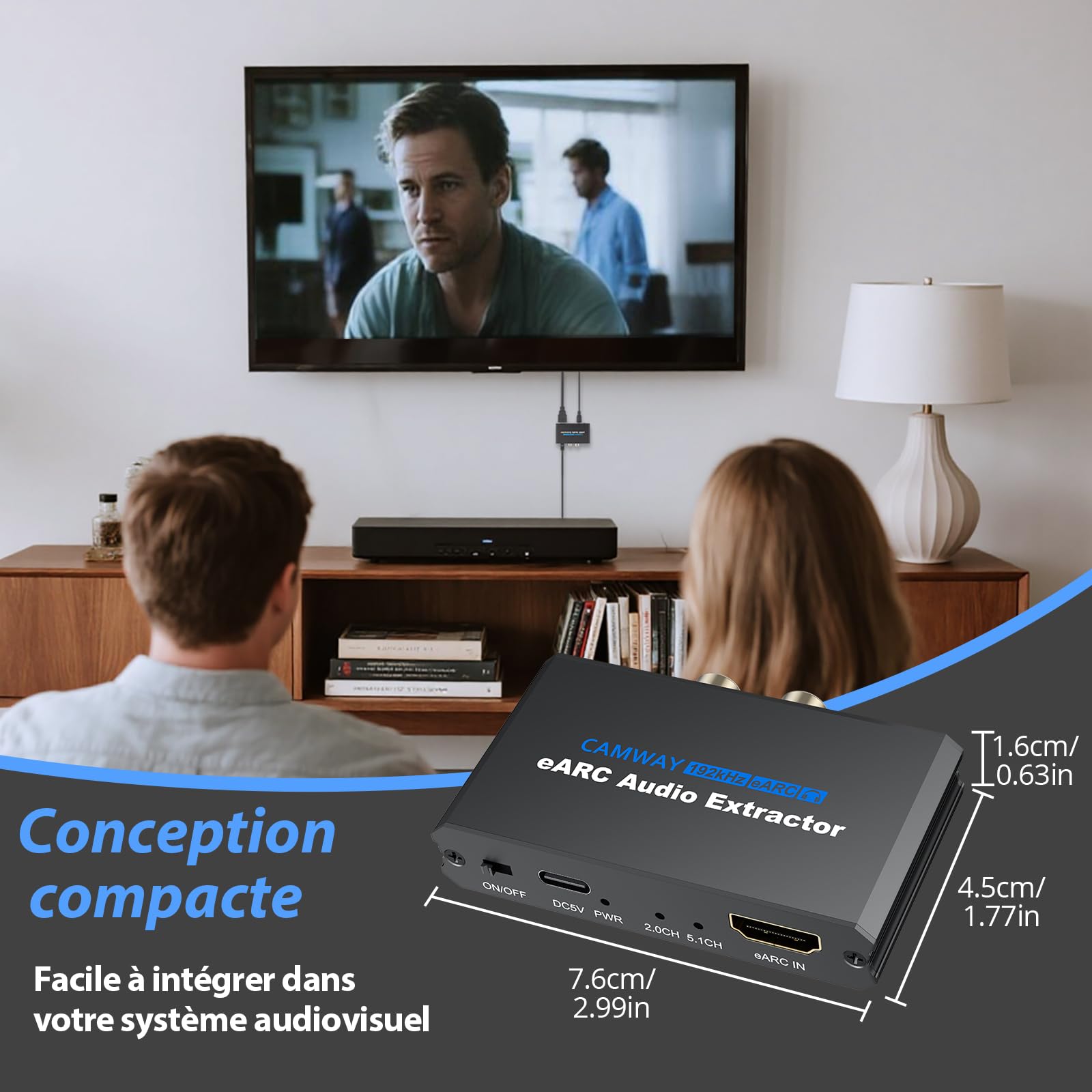 CAMWAY eARC Extracteur audio HDMI ARC/eARC vers fibre optique, RCA, convertisseur audio 3,5 mm, prend en charge le son surround 5.1, installation facile pour barre de son, amplificateur, casque