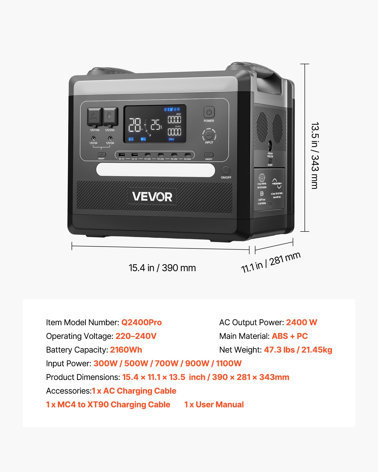 VEVOR Station Électrique Portable 2160 Wh Générateur Solaire Portable 2400 W Station Alimentation pour Camping Véhicules Loisirs, 10 Ports Sortie, Puissance Entrée Réglable, Panneau Solaire Non Inclus
