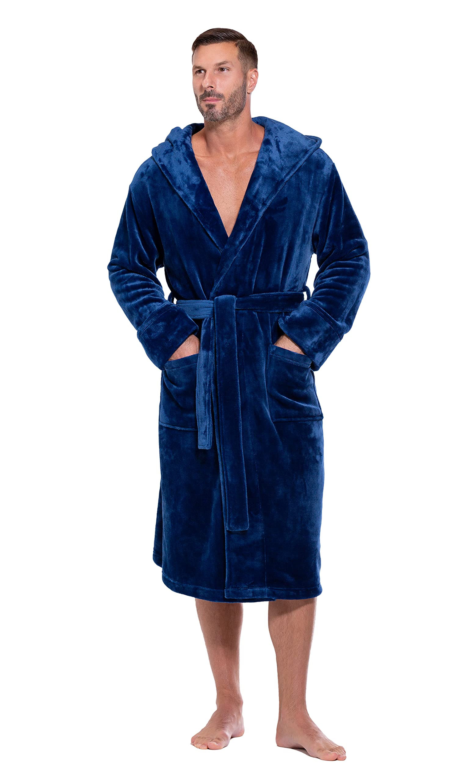 Plush Robes For Men, Soft Fuzzy Hooded Mens Bathrobes , Long Comfy Robe For Men