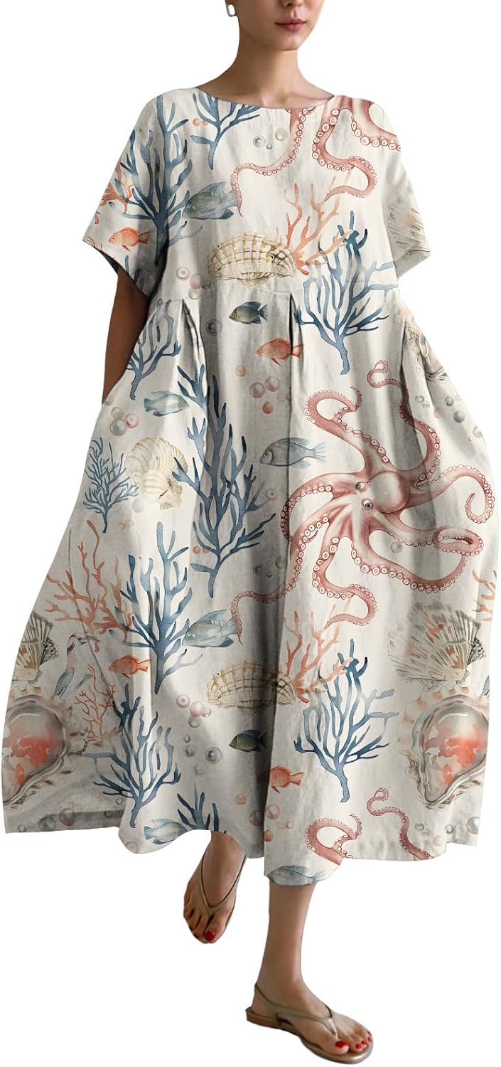 Women's Ocean Graphic Dress Summer Beach Crewneck Short Sleeve Midi Dress Fashion Loose Fit Casual Vacation Wear