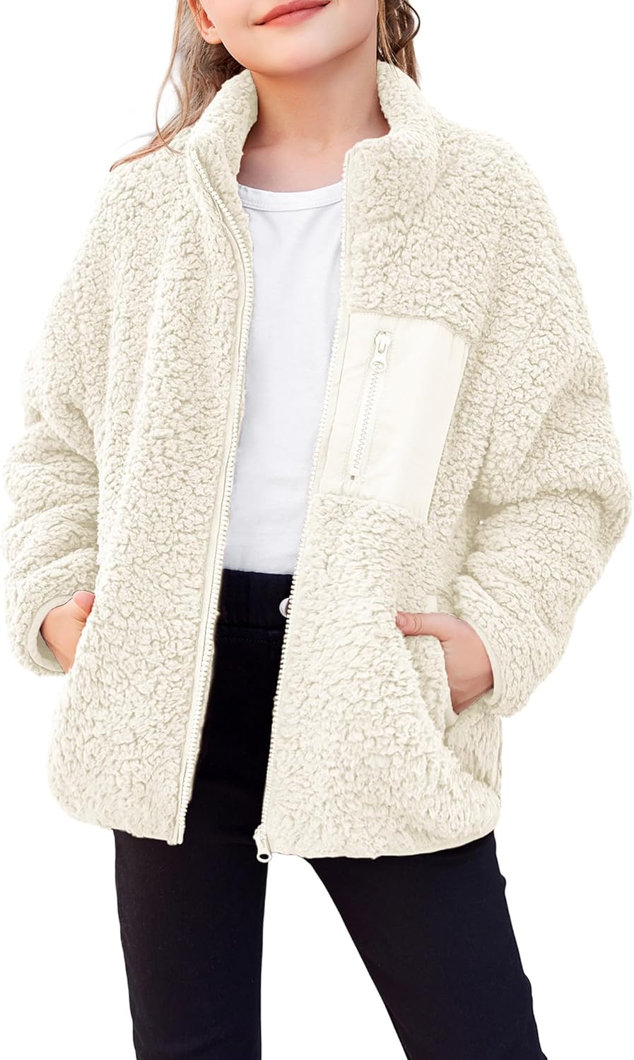 Arshiner Girls Fleece Jacket Sherpa Fall Winter Full Zip Fuzzy Coat Outwear with Pockets