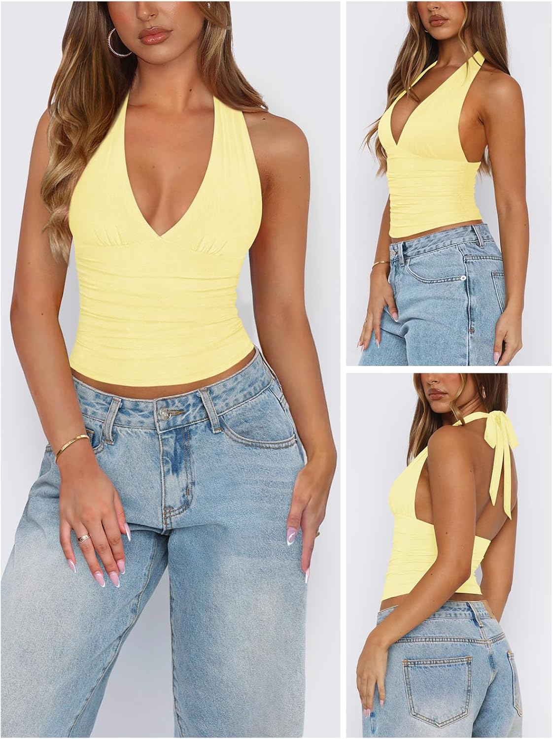 Women's Sexy Halter Tops for Women Summer Deep V Neck Mesh Ruched Tie Strap Backless Going Out Crop Top - Image 2
