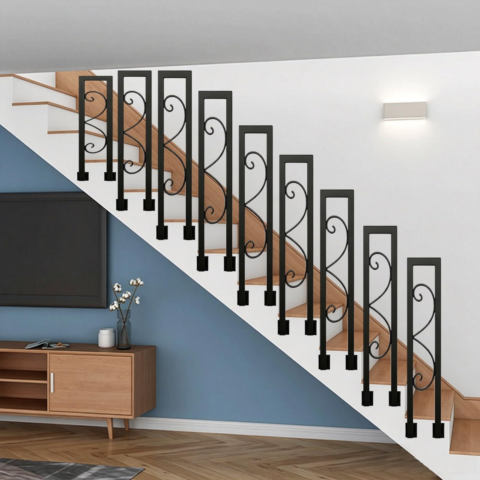 U-Shaped Staircase Guardrail Hand Rail Wrought Iron Stair Railing for Outdoor Front Porch Deck Loft Villa, Stair Handrail Picket Height 35cm~100cm(100cm/39in)