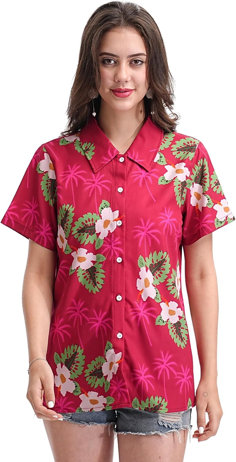 Hawaiian Shirt for Women Luau Party Funny Summer Floral Tropic Print Blouses Short Sleeve V Neck T-Shirt Button Up Tops - Image 2