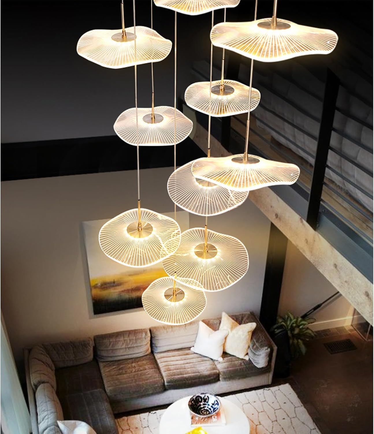 AiPaiTe Extra Long Stairwell Chandelier, Large Multi-Tier Modern Gold Hanging Pendant Light for Tall, Dimmable Linear Spiral Lotus Leaf LED Lamp for Luxury Foyer, Staircase&Villa Lighting(5 Light)