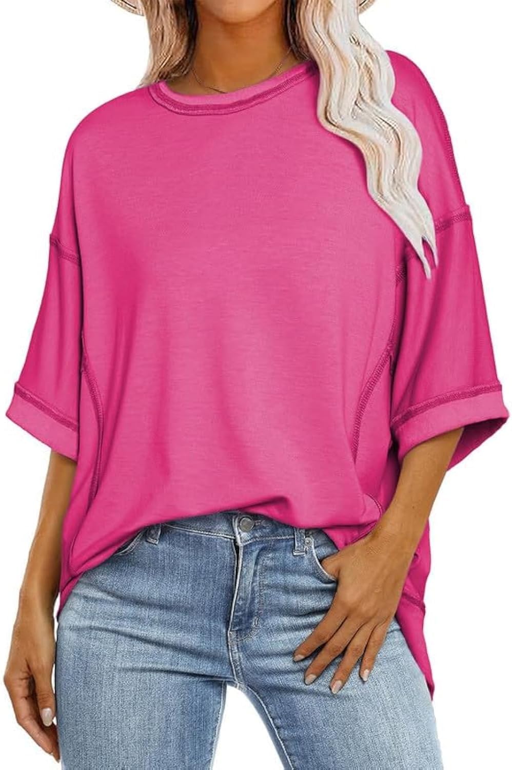 SHEWIN Women's Fashion Oversized T Shirts Casual 3/4 Sleeve Crewneck Summer Tops Tees