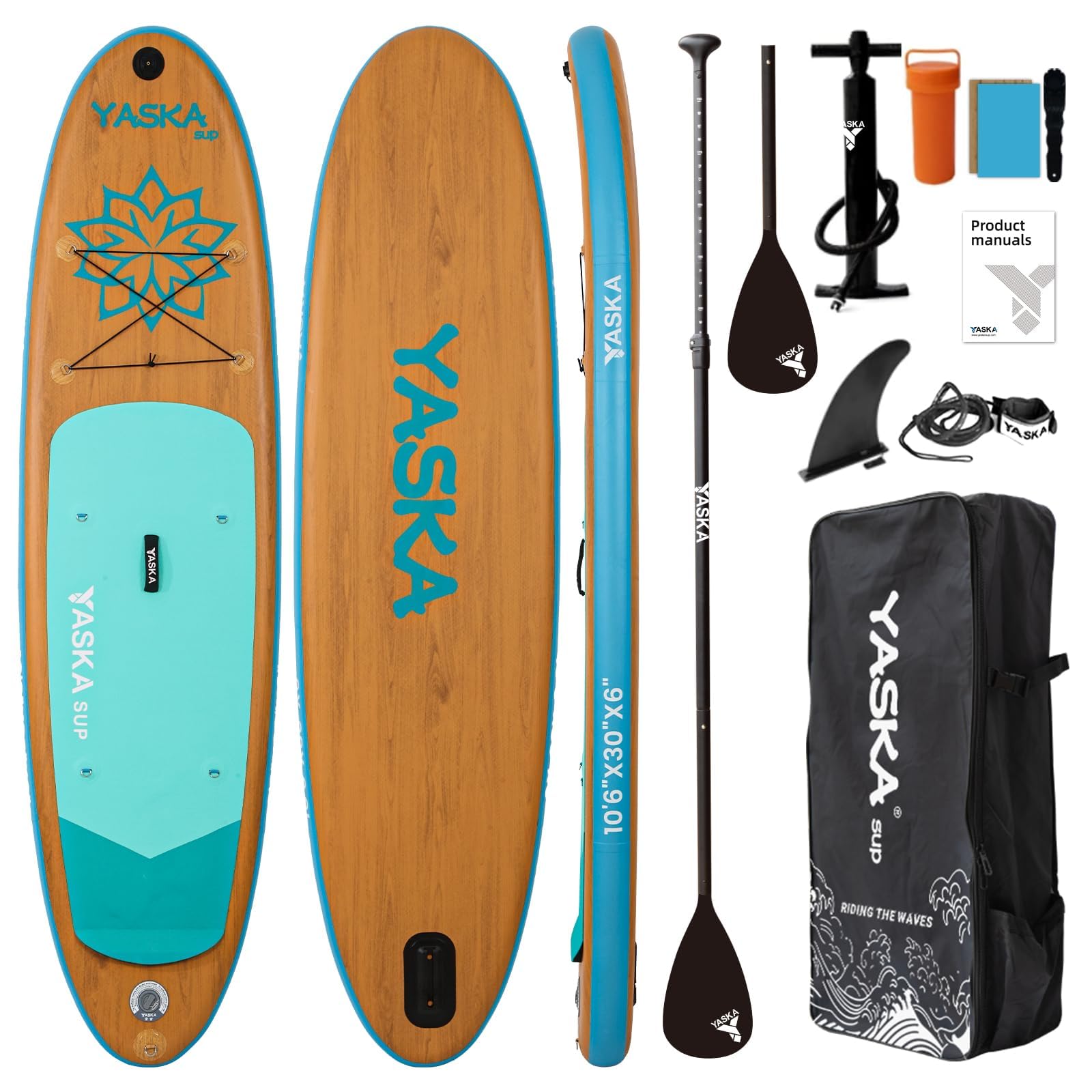YASKA Inflatable Paddle Board, 10.6ft for All Skill Levels with SUP Accessories & Fiberglass Paddle,Fin, Leash, Double Action Pump, Travel Backpack for Youth & Adult