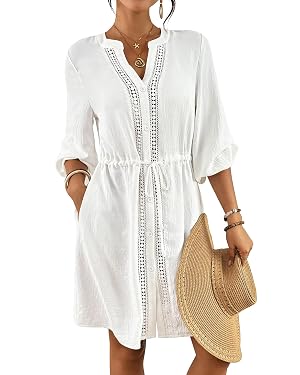 Bsubseach Swimsuit Coverup for Women V Neck Bathing Suit Cover Up with Pocket Drawstring Button Down Beach Shirt