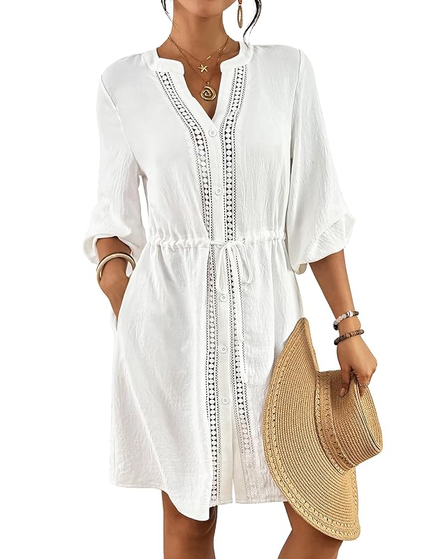 Bsubseach Swimsuit Coverup for Women V Neck Bathing Suit Cover Up with Pocket Drawstring Button Down Beach Shirt