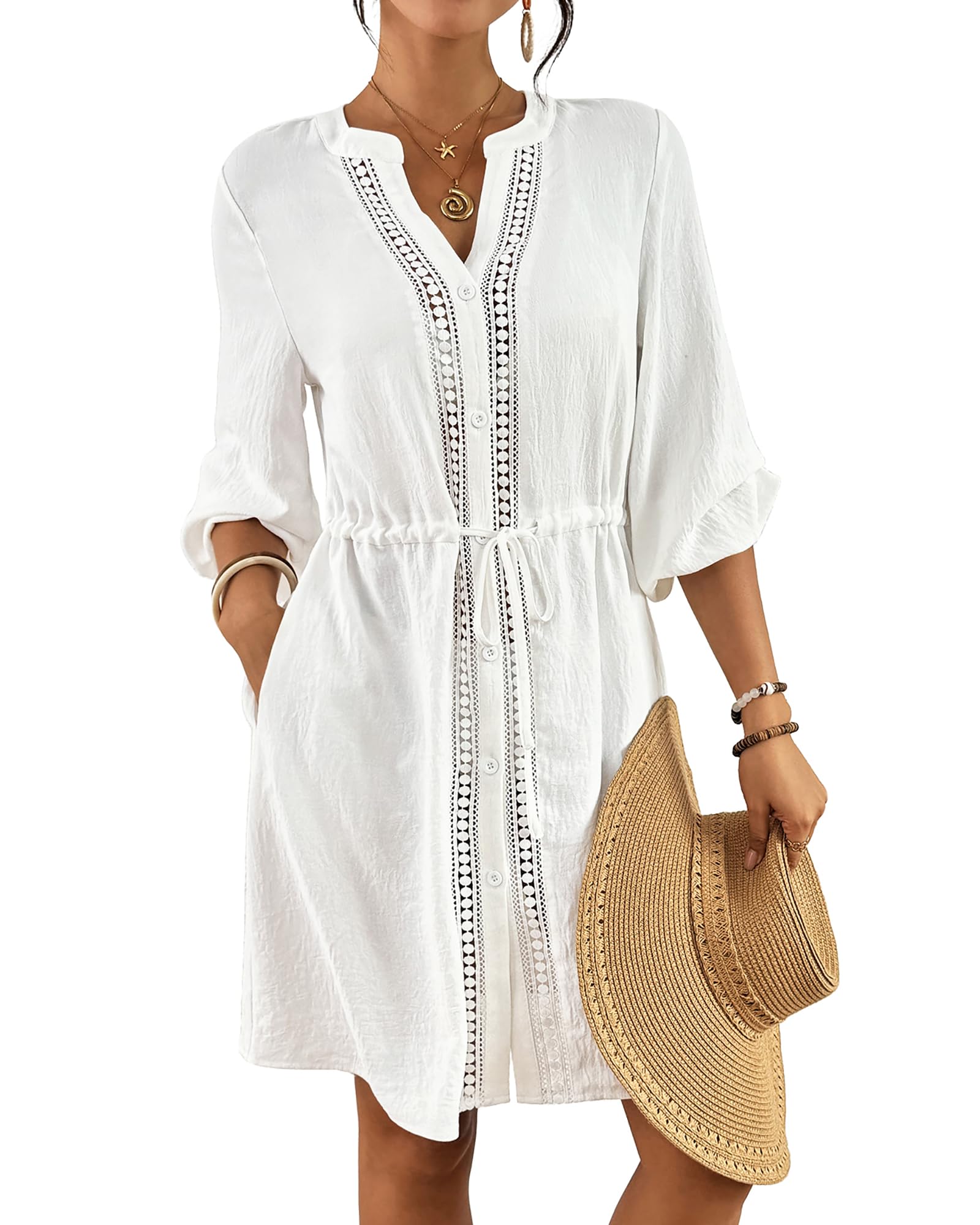 Bsubseach Swimsuit Coverup for Women V Neck Bathing Suit Cover Up with Pocket Drawstring Button Down Beach Shirt