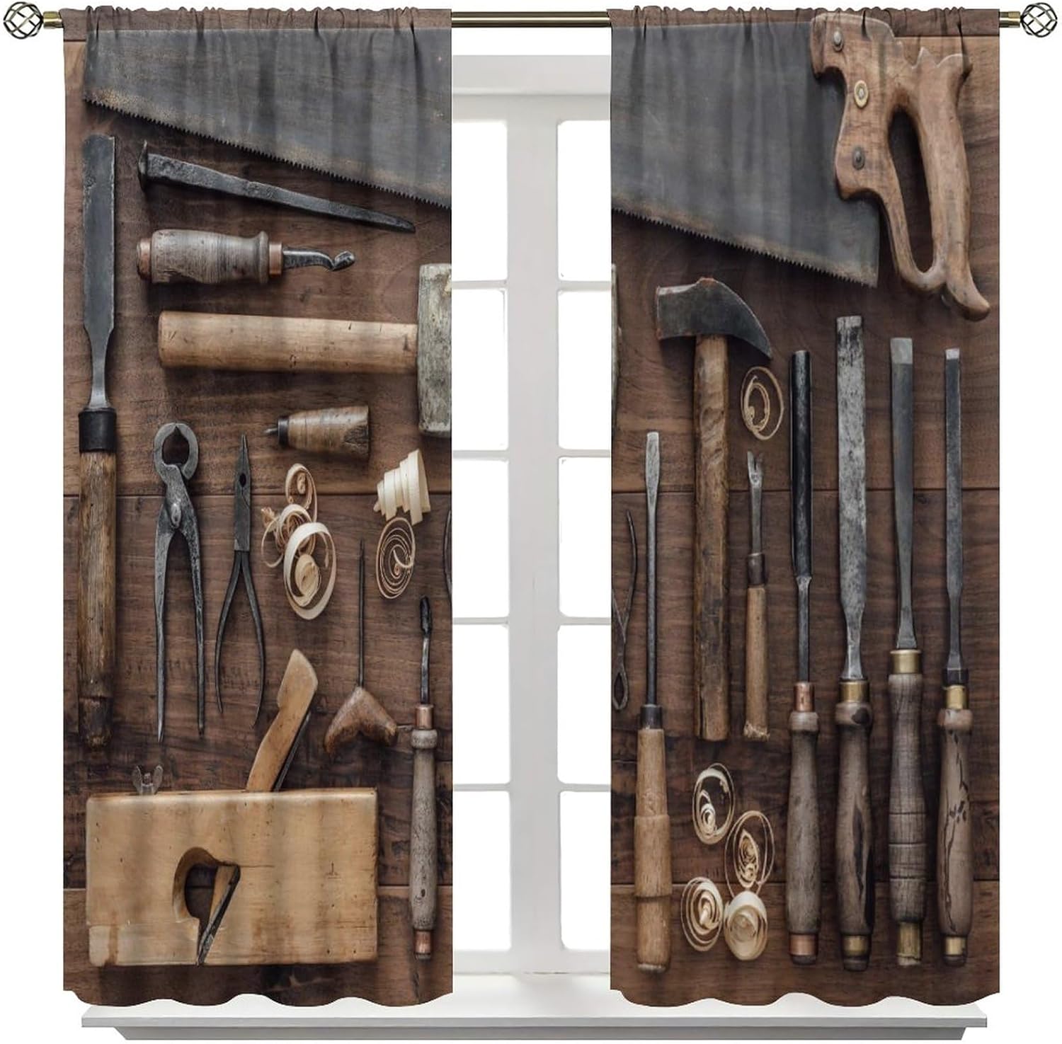 Industrial Tools Theme Curtain, Craft Equipment with Carpenter Pattern of Obsolete Mechanical Tools, Room Bedroom Garage Blackout Decorative Curtain 2 Pieces 42x45in