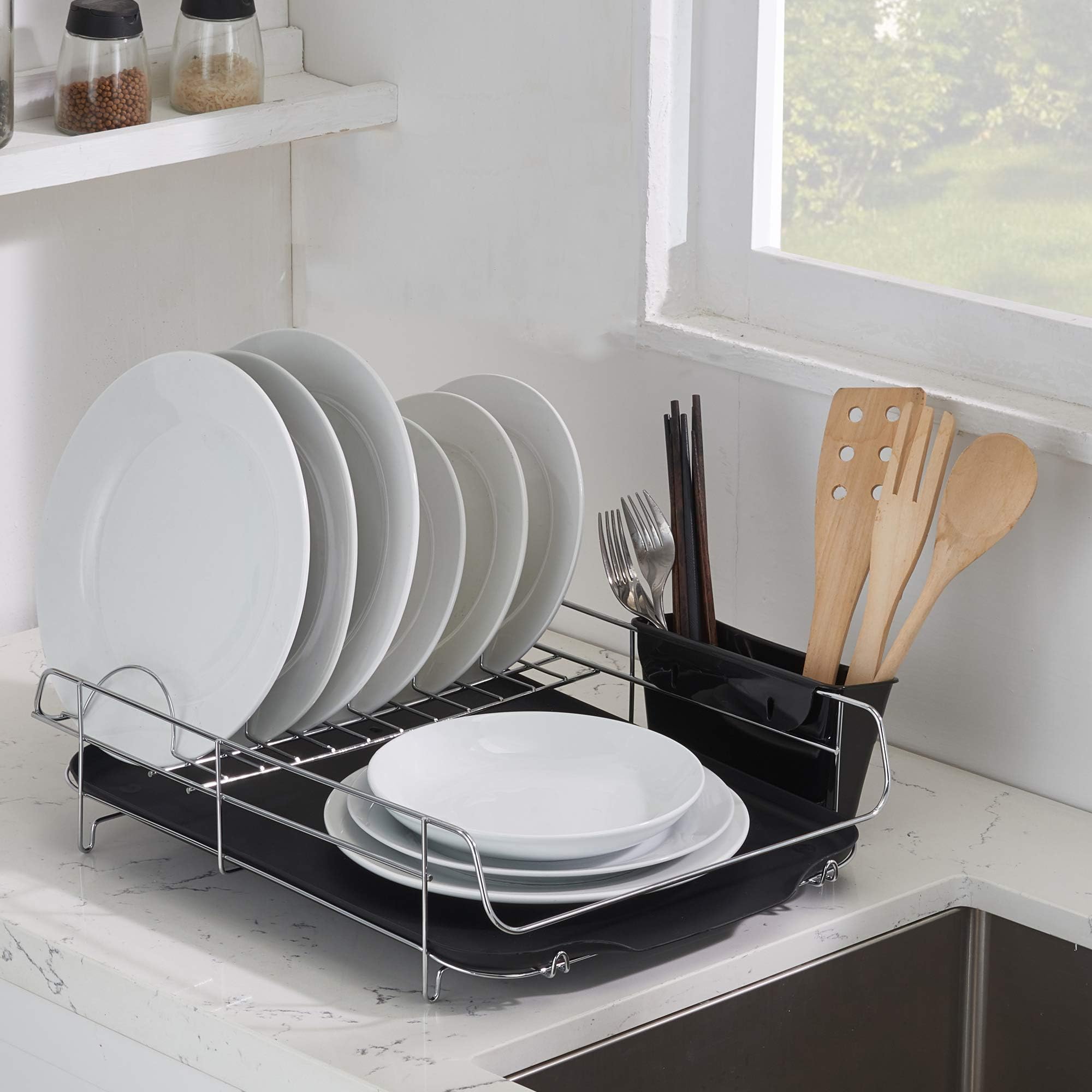 VESLA HOME Sink Dish Drainer Drain Board and Cutlery Cup Sink Countertop Kitchen Dish Drying Rack, Dish Rack Stainless Steel Silver Wire/Black Plastic