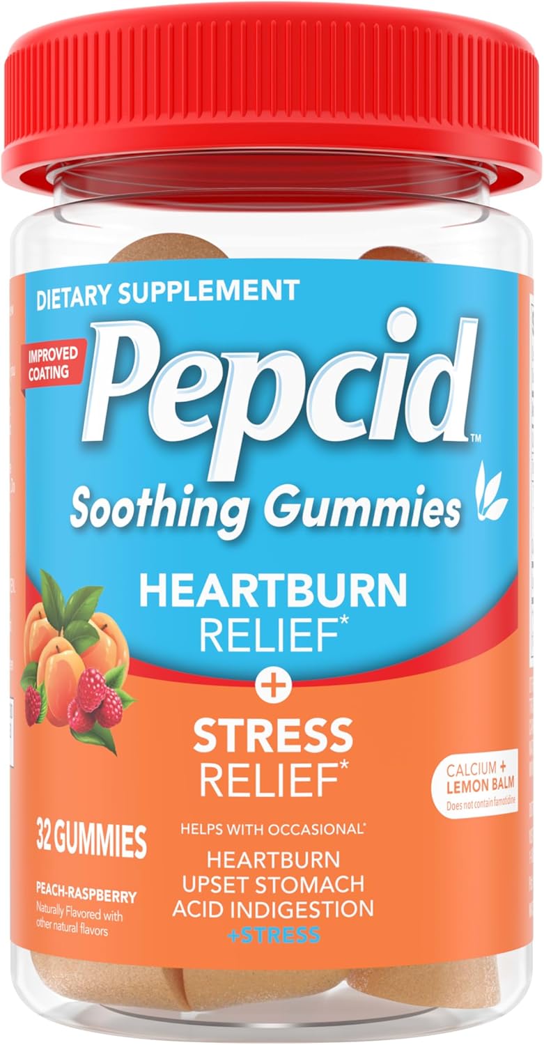 Pepcid Soothing Antacid Gummies, Heartburn Relief + Stress Relief for Occasional Heartburn, Upset Stomach, and Acid Indigestion, with Lemon Balm Extract, Tricalcium Phosphate, Peach-Raspberry, 32 ct