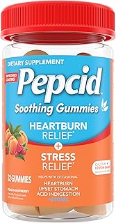 Pepcid Soothing Antacid Gummies, Heartburn Relief + Stress Relief for Occasional Heartburn, Upset Stomach, and Acid Indigestion, with Lemon Balm Extract, Tricalcium Phosphate, Peach-Raspberry, 32 ct