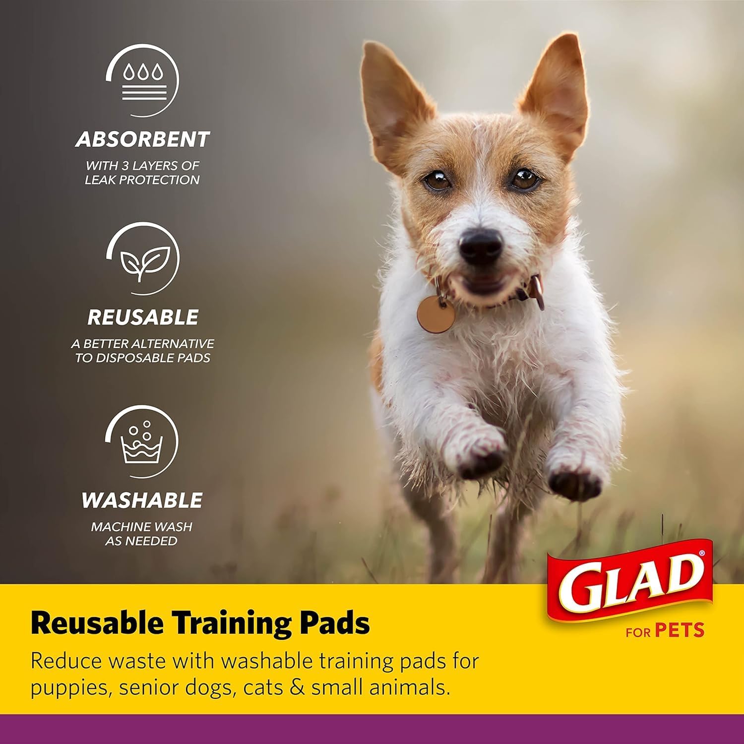 Glad for Pets Washable Training Pads, Medium Size (24”x36”), 6 Pack Gray with Paw Prints| Re-usable Cloth Dog Training Pads with 3 Layers of Leak Protection and No Slip Grip Vinyl Bottom