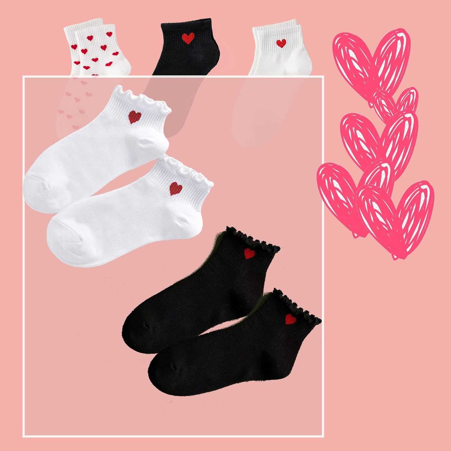 CHUNFO Cute Heart White Red Ankle Women Socks Frilly Fun Bear Pattern Long Crew Novelty Aesthetic Girls Sock 4 & More Pairs - Image 8