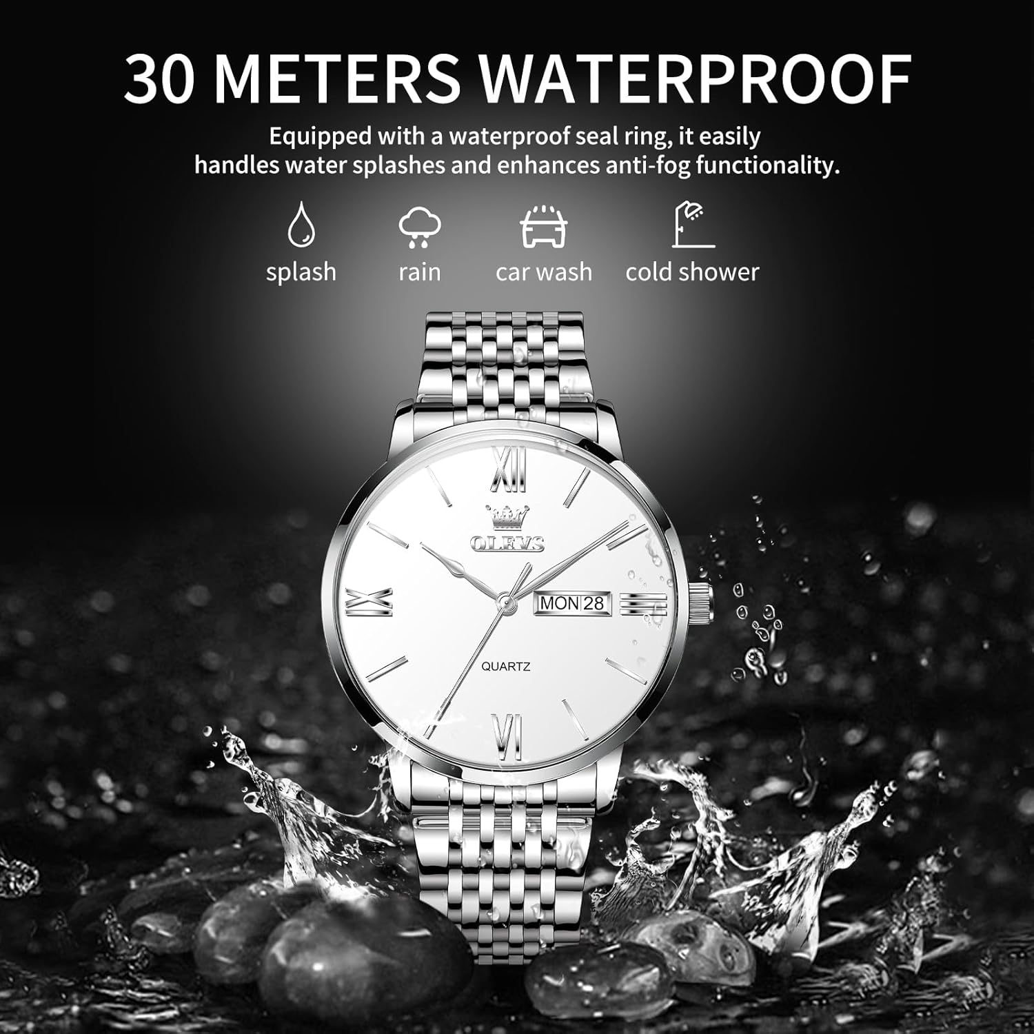 OLEVS Men’s Watches Waterproof Dress Minimalist Analog Quartz Stainless Steel Casual Men’s Wrist Watch with Day Date, Classic Luxury Elegant Roman Numerals Dial Big Face Relojes para Hombres - Image 3