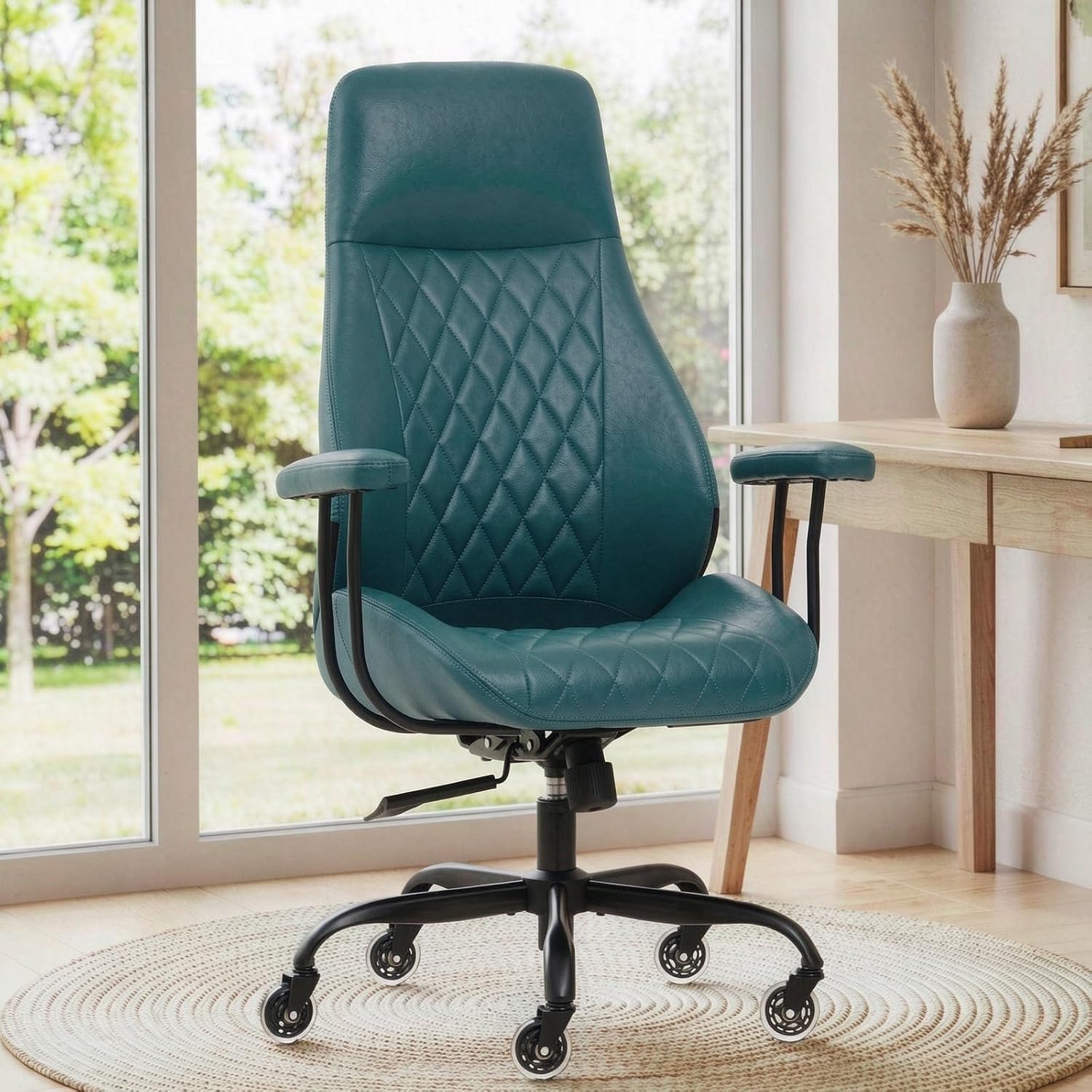 E-Motie Leather Office Chair, Mid Century Modern Desk Chair, Green