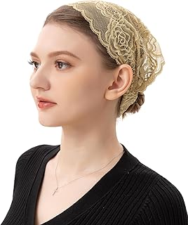 Stretchy Rose Lace Headband Floral Headwrap Chapel Veils Latin Mass Head Covering Catholic Church Veil with Bobby Pins (Gold)