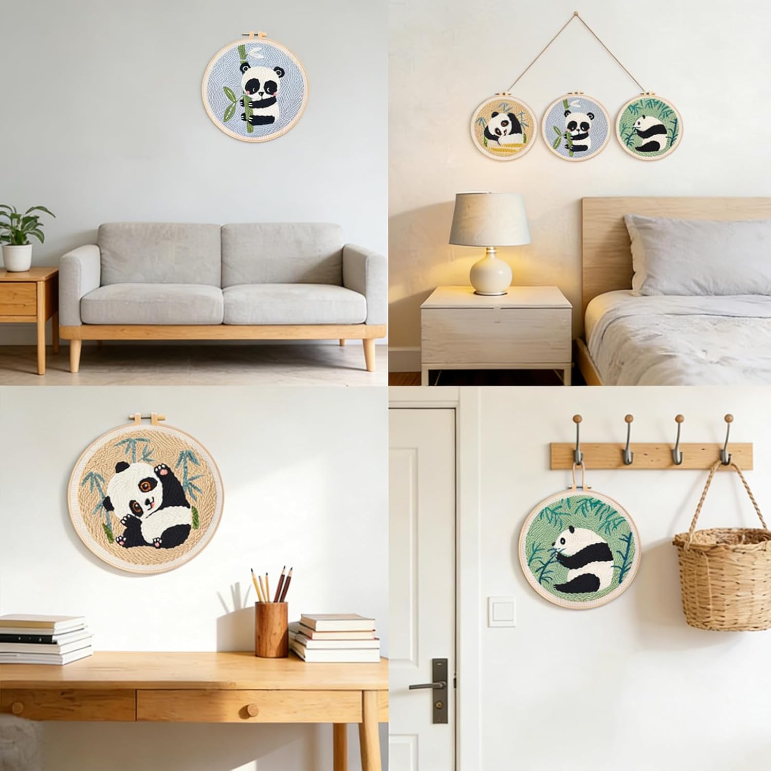 Joyeee Punch Needle Embroidery Starter Kit, Adults Beginners Friendly Craft Xmas Gift Idea with 3 Bamboo Panda Designs, Includes 20cm Hoops, Punch Needle Fabric, Yarns, English Instructions and Tools