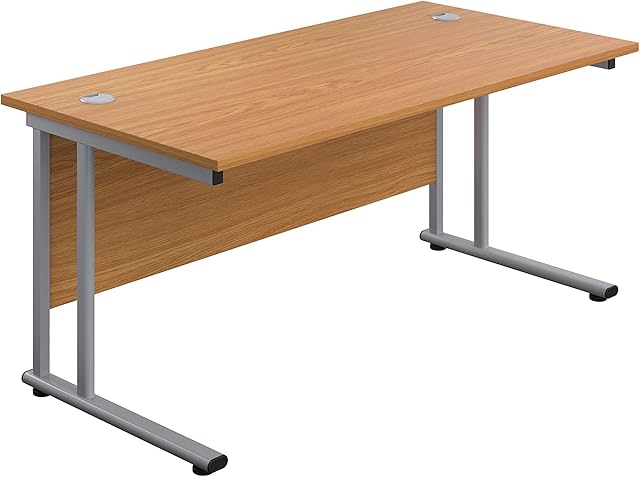Office Hippo Heavy Duty Rectangular Cantilever Office Desk, Home Office Desk, Office Table, Integrated Cable Ports, PC Desk For Office or Home, 5 Yr Wty - Silver Frame/Oak Top, 140cm x 80cm