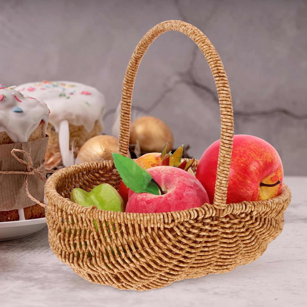 BESTOYARD Rattan Picnic Basket with Handle, 10X6 Inch Wicker Woven Storage Basket for Fruits, Vegetables, Snacks, Home Decor, Outdoor Use