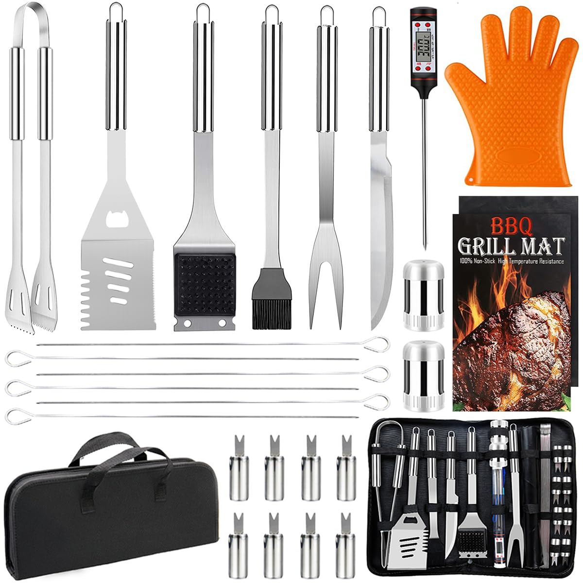 Kit Barbecue Professionale, 28 Pezzi Set Barbecue Accessori in Acciaio Inox, Attrezzi BBQ Utensili Cucina con Borsa per il Trasporto e Guanti, Regali Uomo per Campeggio, Picnic e Barbecue all'Aperto