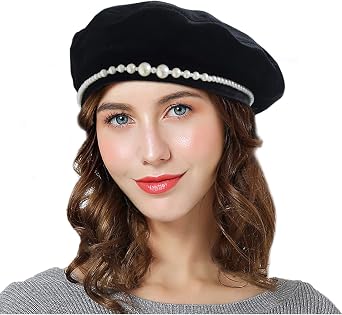 Women French Beret,Velvet Pearls Beret Fall Winter Vintage Beanie Hat for Ladys
