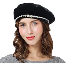 Women French Beret,Velvet Pearls Beret Fall Winter Vintage Beanie Hat for Ladys