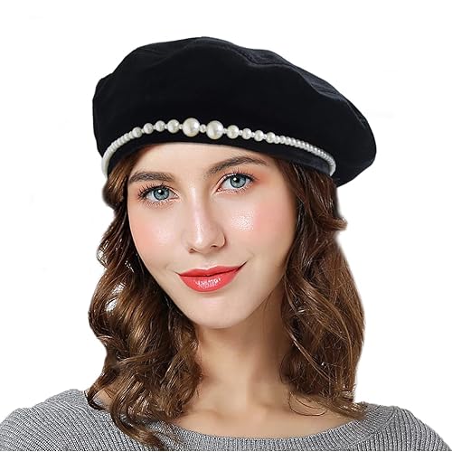 Women French Beret,Velvet Pearls Beret Fall Winter Vintage Beanie Hat