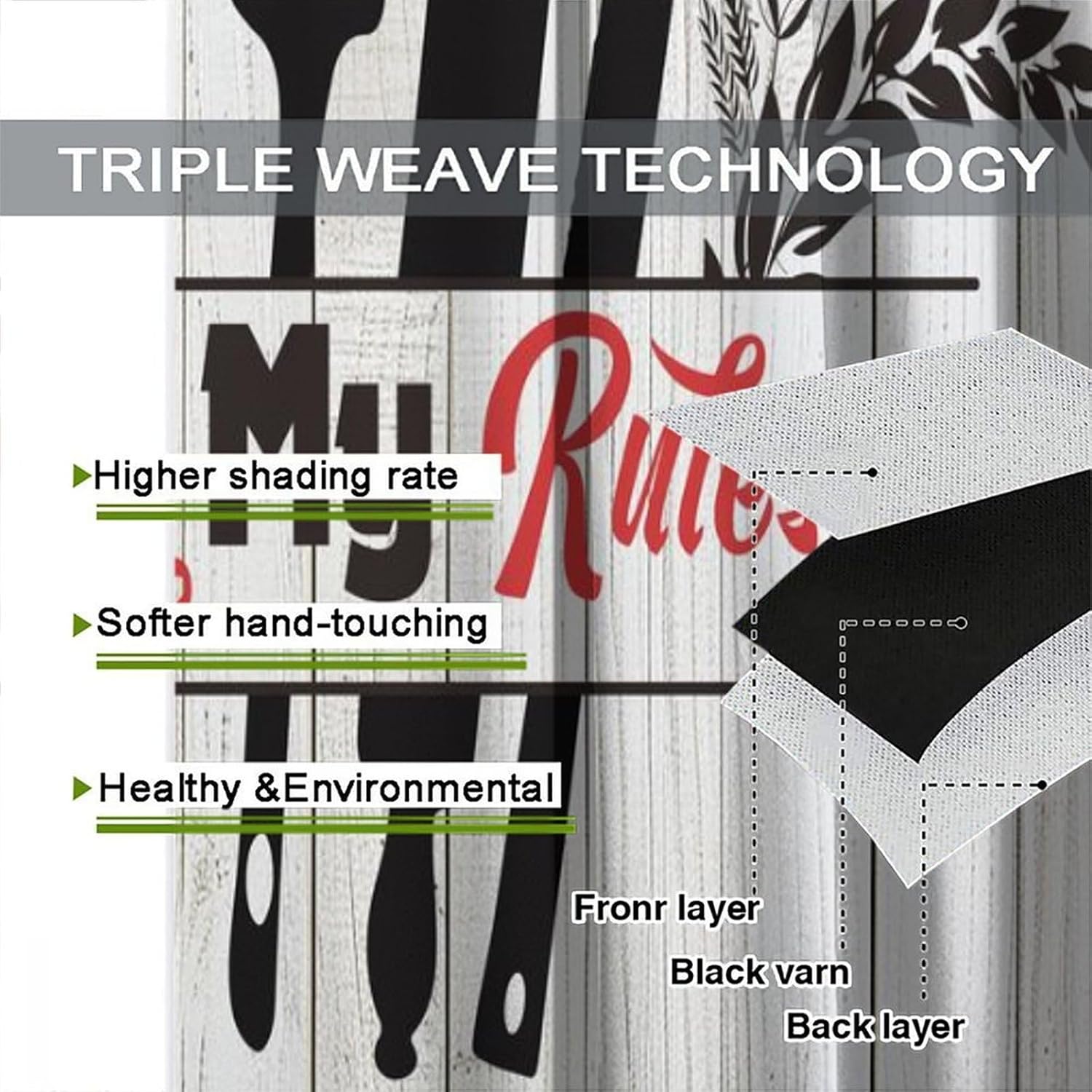 Rustic Farmhouse Kitchen Blackout Curtains Witty Black Quotes White Wood Panel Kitchen Elements Rice Grain Silhouettes Rod Pocket Window Treatments for Bedroom Living Dining Office Cafe 42"W X 45"L