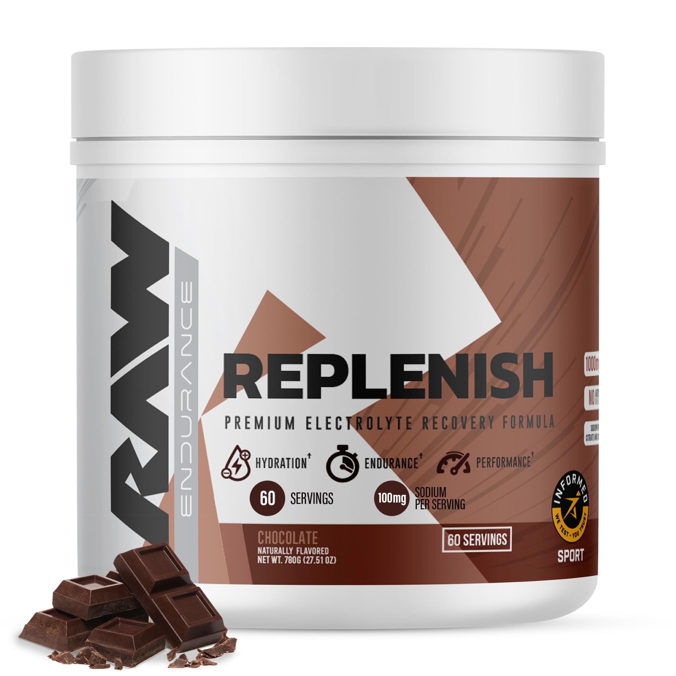 RAW Replenish, Premium Electrolytes Powder Recovery Formula, Chocolate (60 Servings) - Flavored Electrolyte Drink Mix Supplement for Hydration, Replenishment, Endurance & Performance Workouts