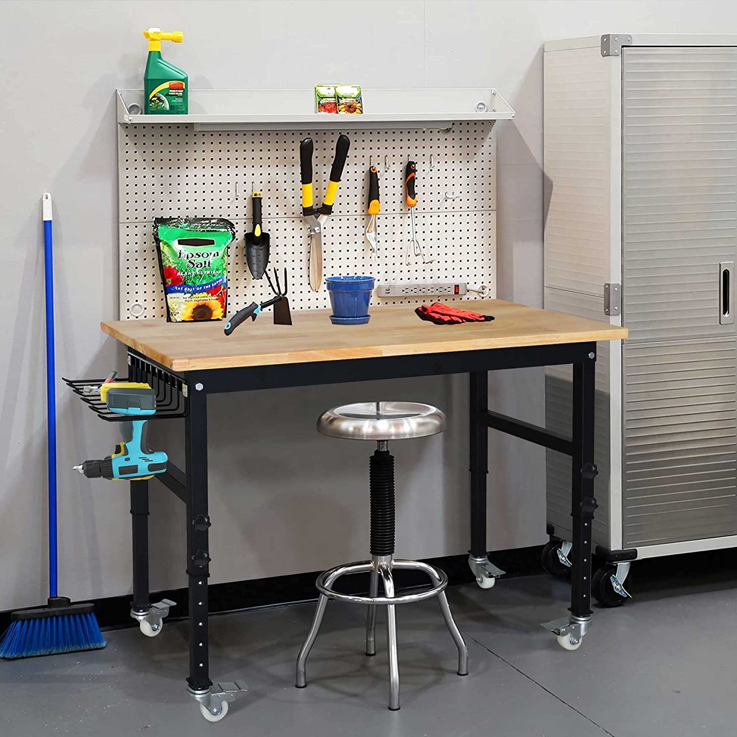 RELIANCER 47.2"x 23.6" Bamboo Wood Garage Workbench w/Adjustable Height 25.4"-35.2" Multifunctional Workstation on Wheels 1500 Lbs Commercial Steel Work Tool Table Computer Desk Work Bench for Home Office