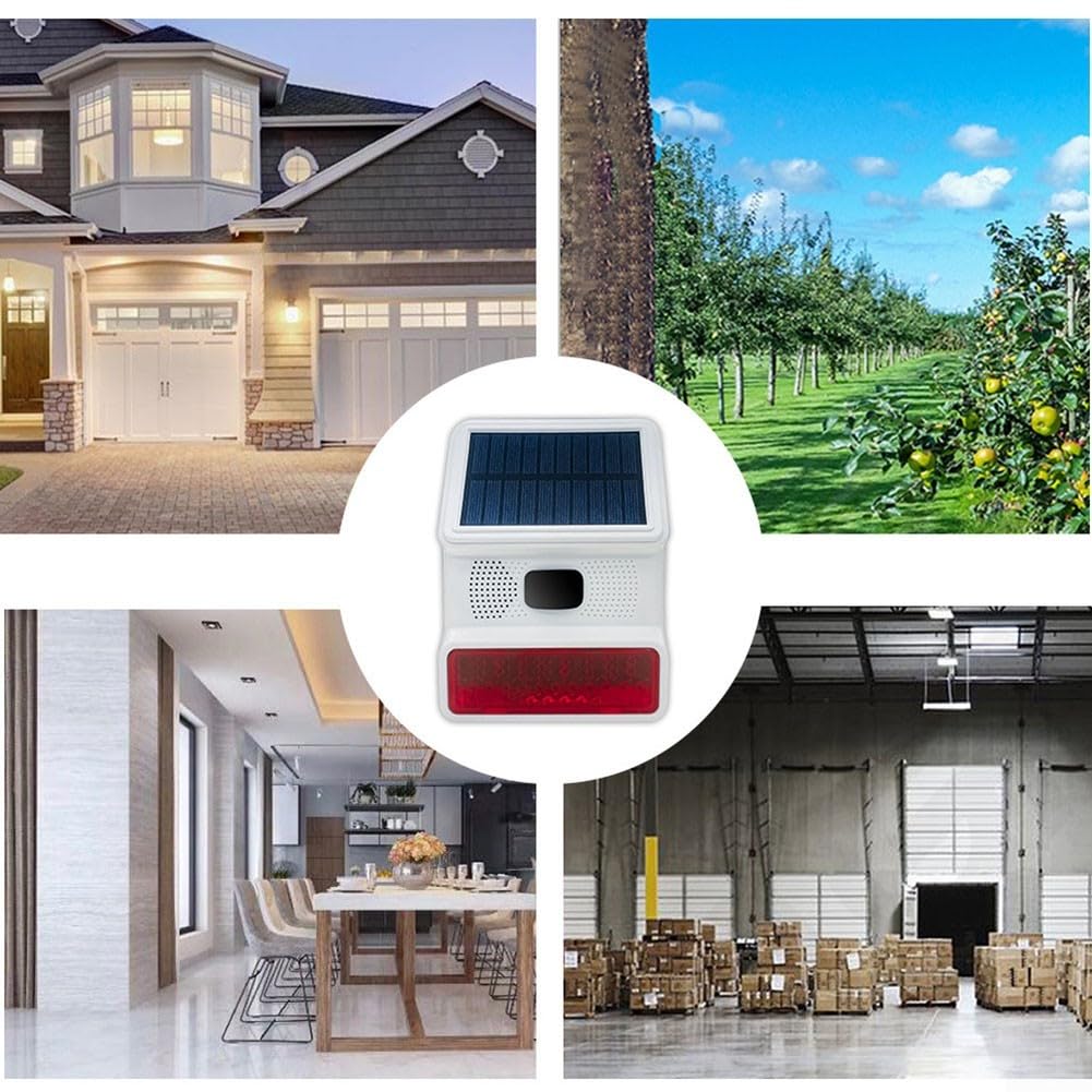 Sirena solar para exteriores, 110 dB, IP55, resistente a la intemperie | Alarma fuerte de 110 dB, luz LED roja, IP55 impermeable, funciona con energía solar, efecto disuasorio
