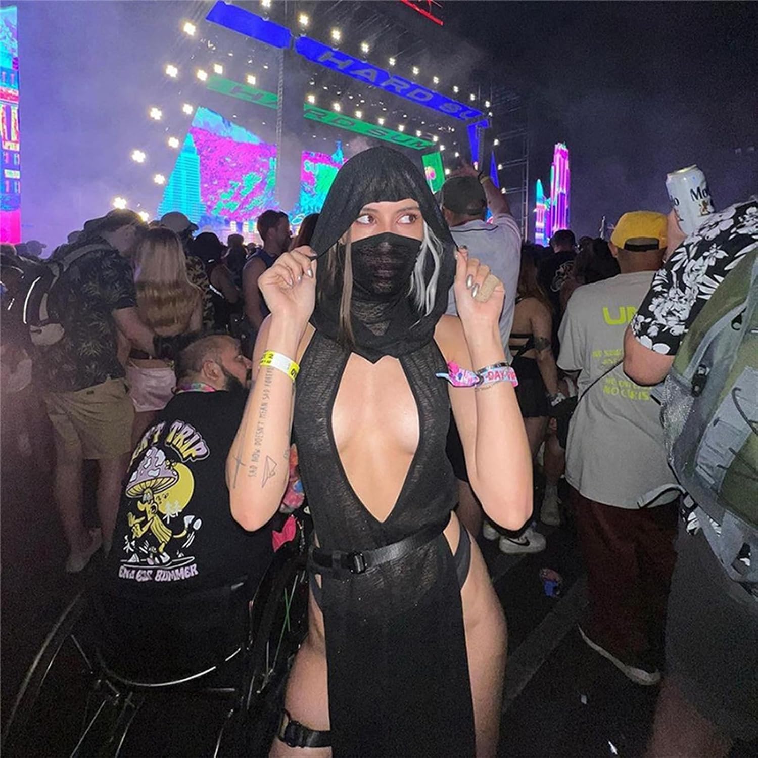 Sexy Y2K Rave Outfits Women Cutout Bodycon Dress Sleeveless Streetwear High Slit Long Hooded Dress wimsuit Cover Ups - Image 5