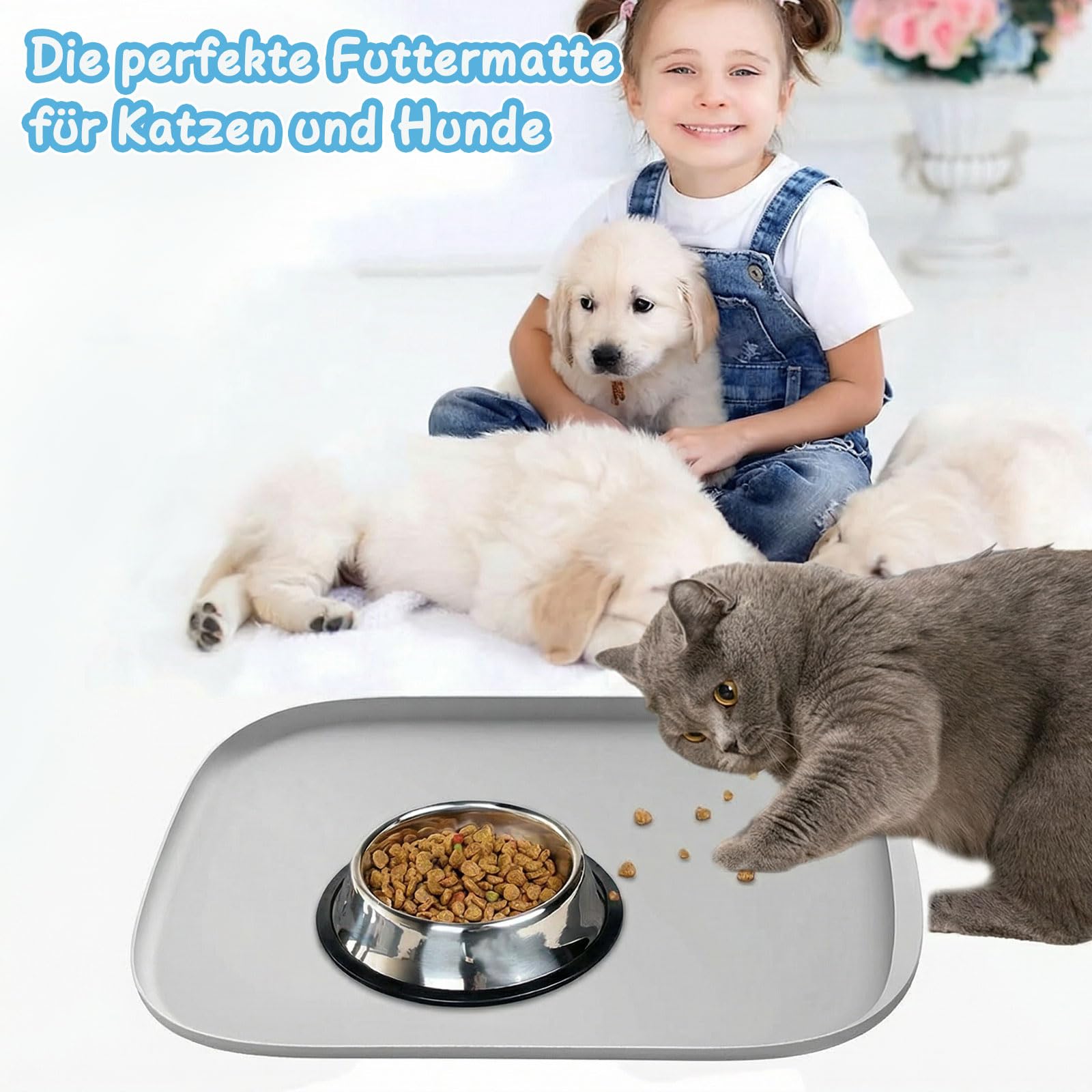 Hundefuttermatte - Silikon-Futtermatte für Haustiere, rutschfeste Katzennapfmatte, Wasserdichtes Tablett-Kissen, Napfunterlage Katzen für Mittlere und Kleine Haustiere (Hell-Grau, 45x30 cm)