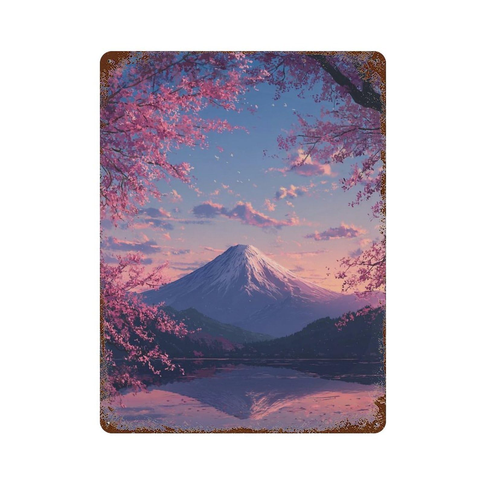 Cherry Blossom Mountain Reflection Distressed Metal Wall Sign 15.7"x11.8", for Garage, Bar And Workshop Decor, Decorative Metal Wall Art