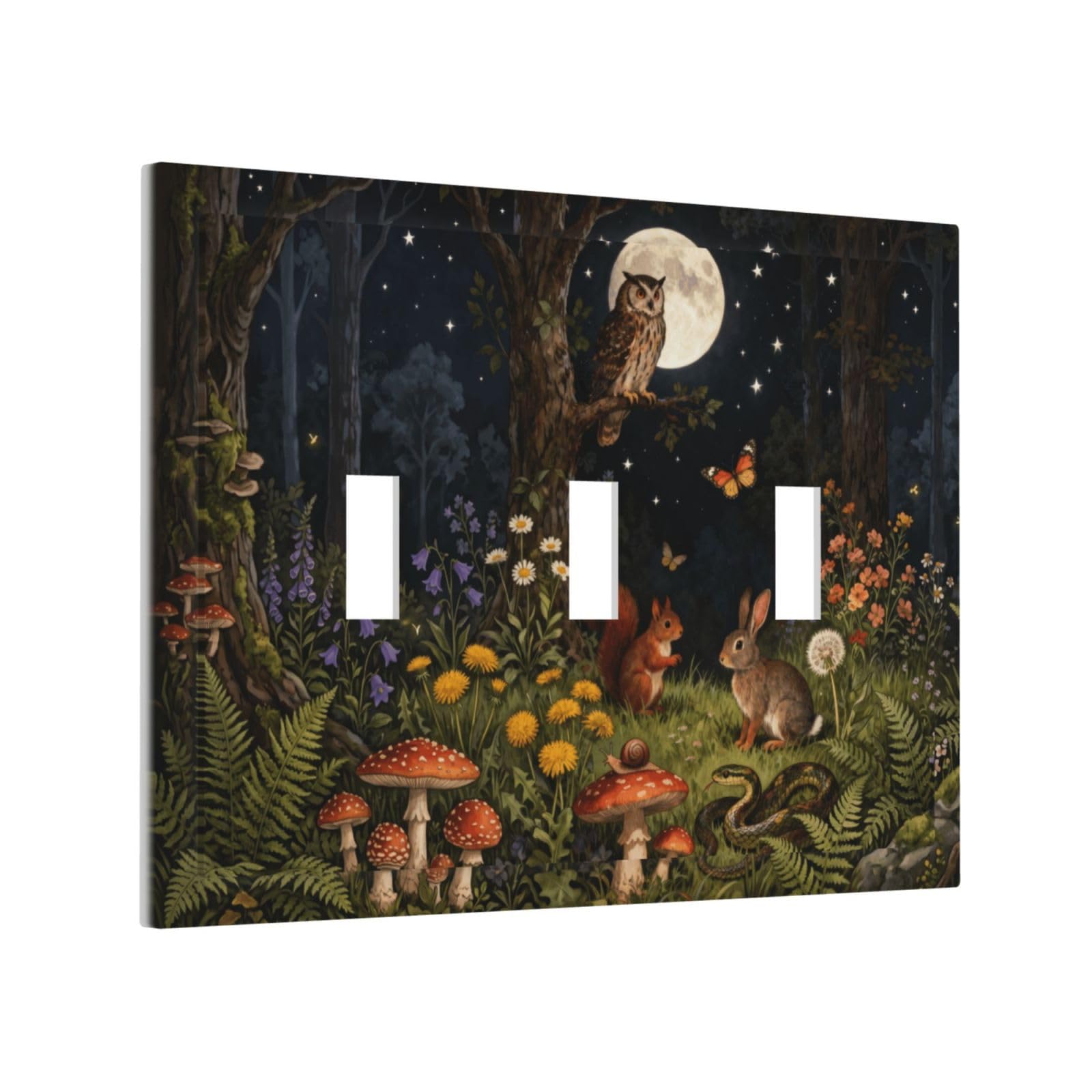 Sghxwp Watercolor Night Forest Animals Triple Light Switch Covers Decorative Moon Owl Squirrel Rabbit 3-Gang Wall Plate Electrical Switchplate Faceplate for Whimsical Cottagecore Nursery Decor