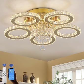 VETRULUS Modern Crystal Chandelier 5-Ring LED Lighting Gold Flush Mount Ceiling Light Fixture for Bedroom, Dining Room, Living Room, Hallway - Dimmable [Energy Class F]