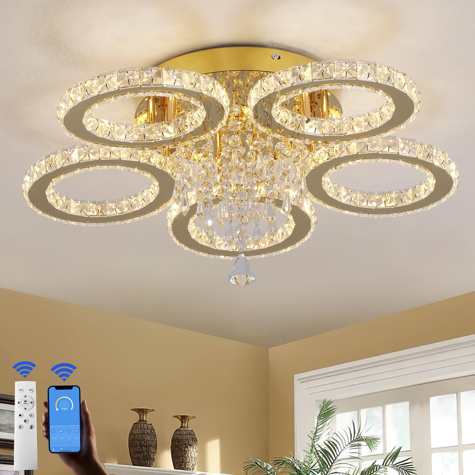 VETRULUS Moderner Kristall-Kronleuchter – Goldene LED-Deckenleuchte mit 5 Ringen, Dimmbar für Schlafzimmer, Wohnzimmer, Esszimmer, Flur