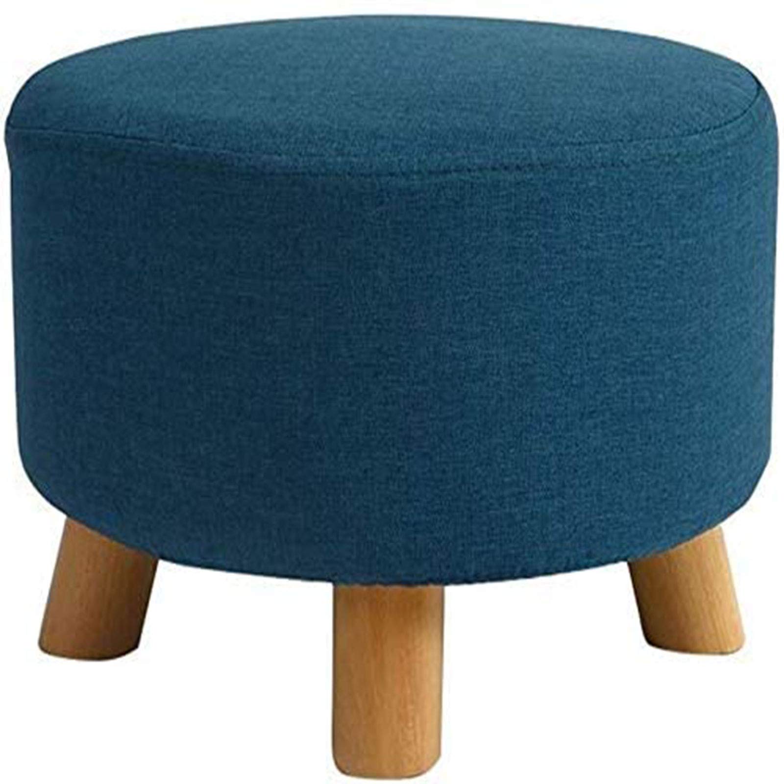 Repose-pieds rond de luxe en velours bleu et pieds en bois massif pour salon