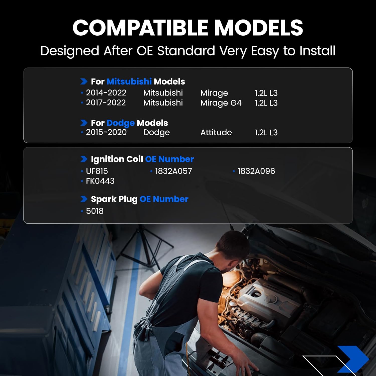 UF815 Ignition Coils & 5018 Spark Plugs Compatible with Mitsubishi Mirage G4 2014-2022, Compatible with Dodge 2015-2020, 1.2L L3- Replaces 1832A057 1832A096 FK0443